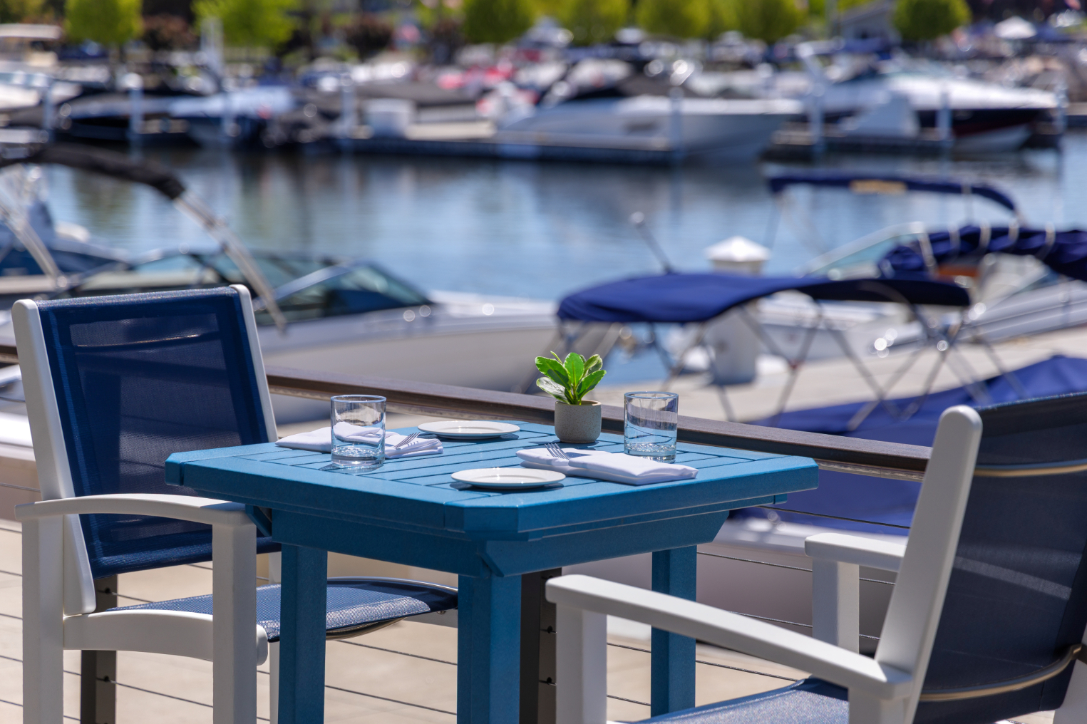 Table set for dining with marina views