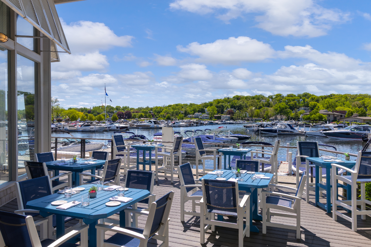 Waterfront deck with marina views
